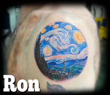 Ron Goulet - Van Gouh Stary night done in tattoo form 